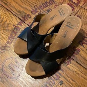 Clarks Leather Cork Wedge Mule Sandal